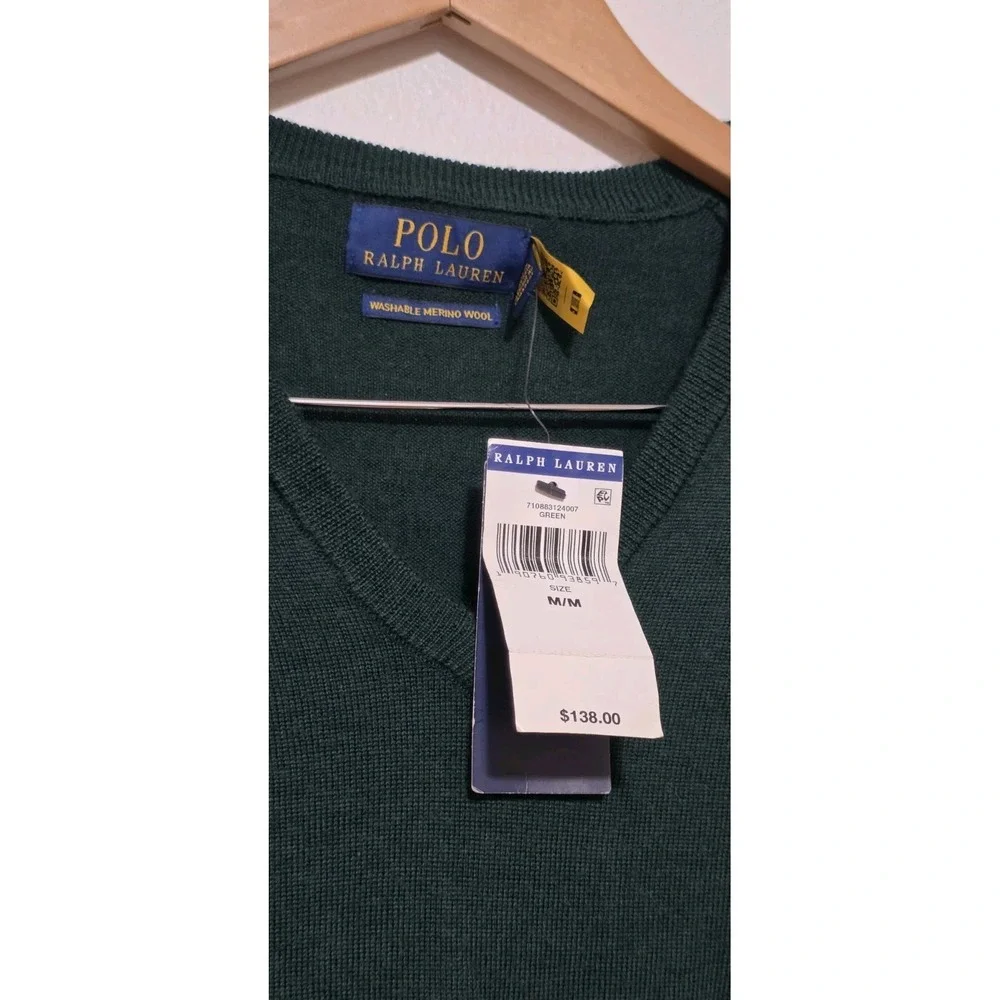 NWT Polo Ralph Lauren Sweater Washable Merino Wool V-Neck Green Sz M Long Sleeve